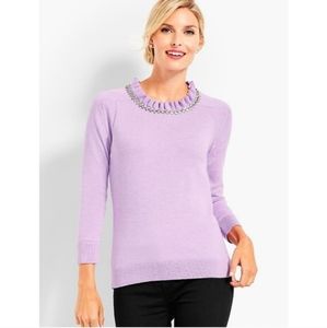 Talbots lilac knit embellished ruffle neck sweater
